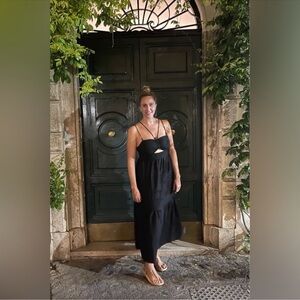 Jason Wu Black Linen Cut Out wooden Bead Strap  Midi Dress size Small